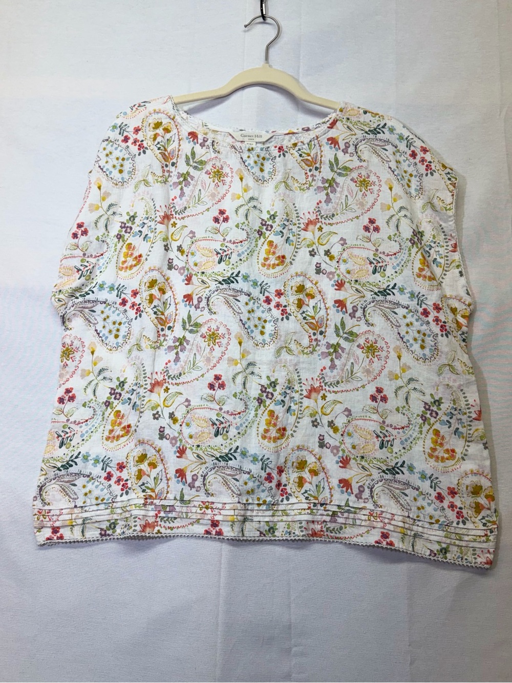 Garnet Hill Linen Floral Paisley Embroidered Top Large